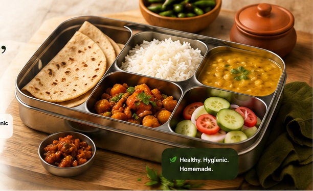 Fresh vegetarian tiffin with roti, sabzi, dal, rice and salad